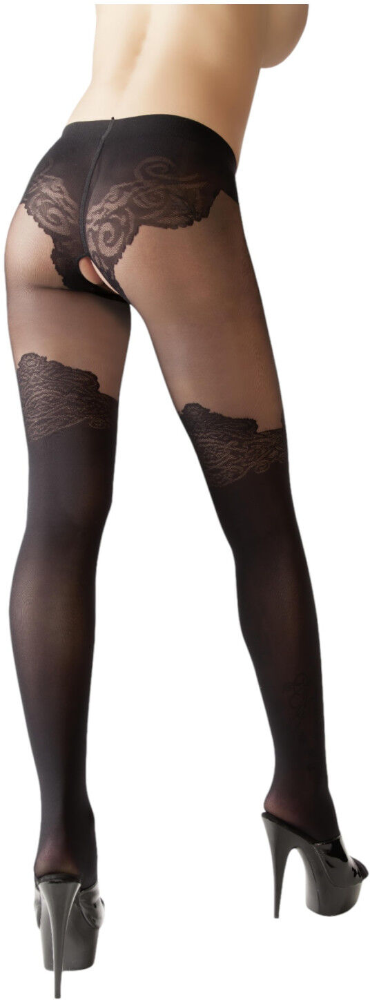 Cottelli - Patterned Open-Front Stockings (Black) - 2/S