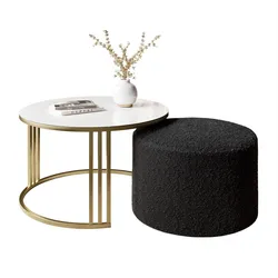 COUCHTISCH mit Hocker LORI GLASS gebürstetes Gold/weißes Glas/Coral 60