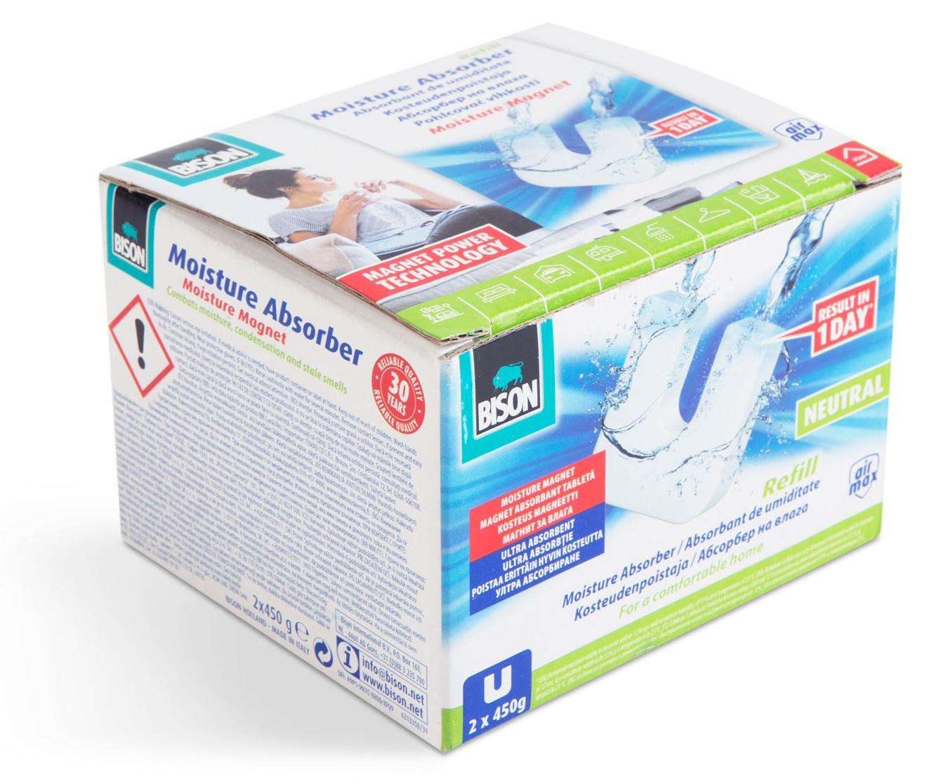 Bison AirMax luchtontvochtiger navulverpakking met geurloze magnetische tabletten, 2 x 450 g, geschikt voor 45 m³