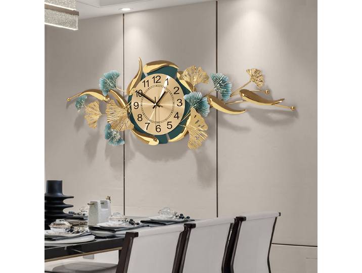 Horloge murale en métal, grande horloge décorative créative en métal, Ginkgo, feuille de poisson, pour salon, hall d'hôtel, porche, maison, montre silencieuse