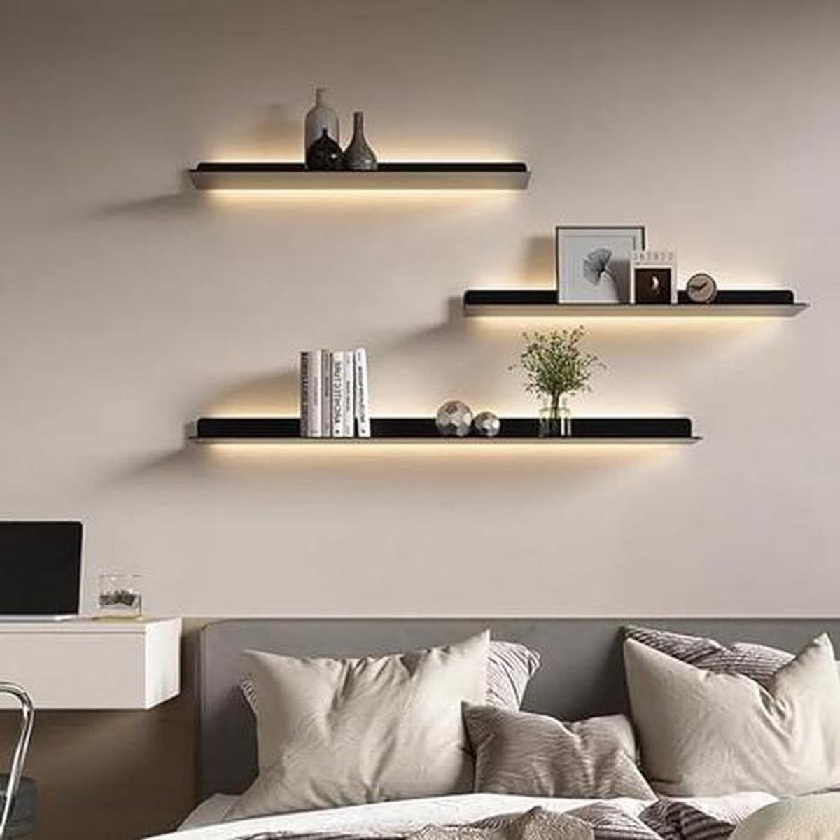 Set van 2 Wandplanken met LED-verlichting voor Woonkamer, Keuken of Badkamer