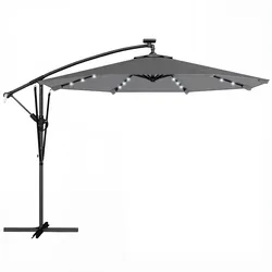 Outsunny 2,95 m Solar-LED-Ampelschirm mit 32 LEDs, Kreuzfuß, Kurbelgriff, für Pool, Terrasse, Garten, Dunkelgrau