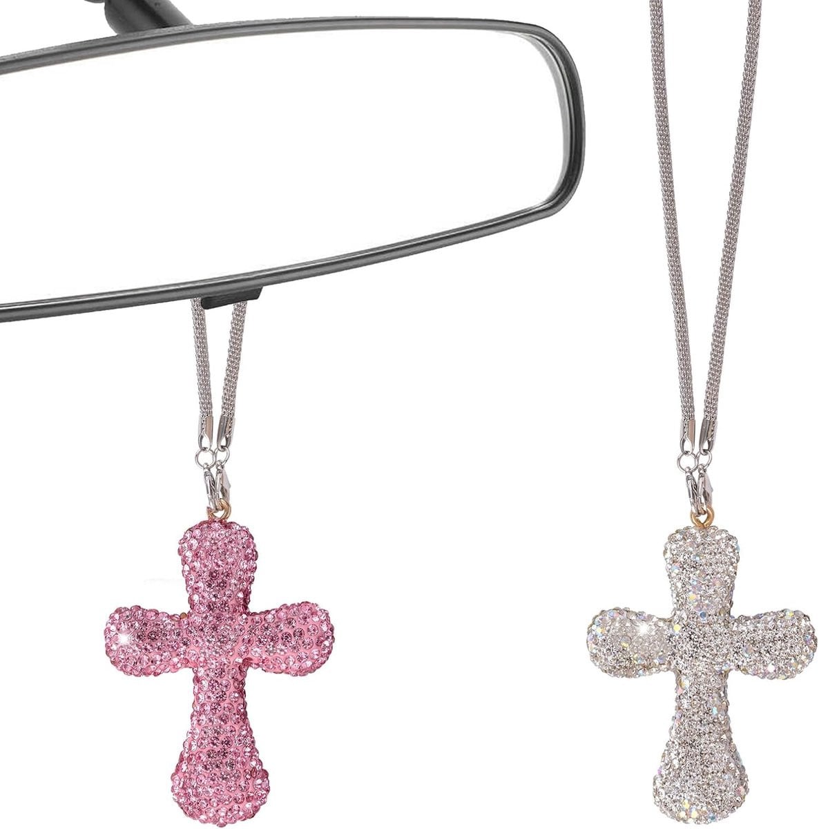 Achteruitkijkspiegel hanger Bling kruis met kristallen Wit & roze