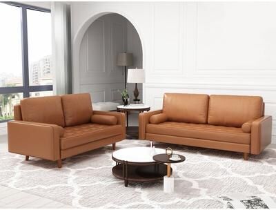 Balance Furniture "2 Piece Mid-Century Square Arm Leather Sofa Living Room Set - Sofa Width:70"" &Loveseat Width:58"""