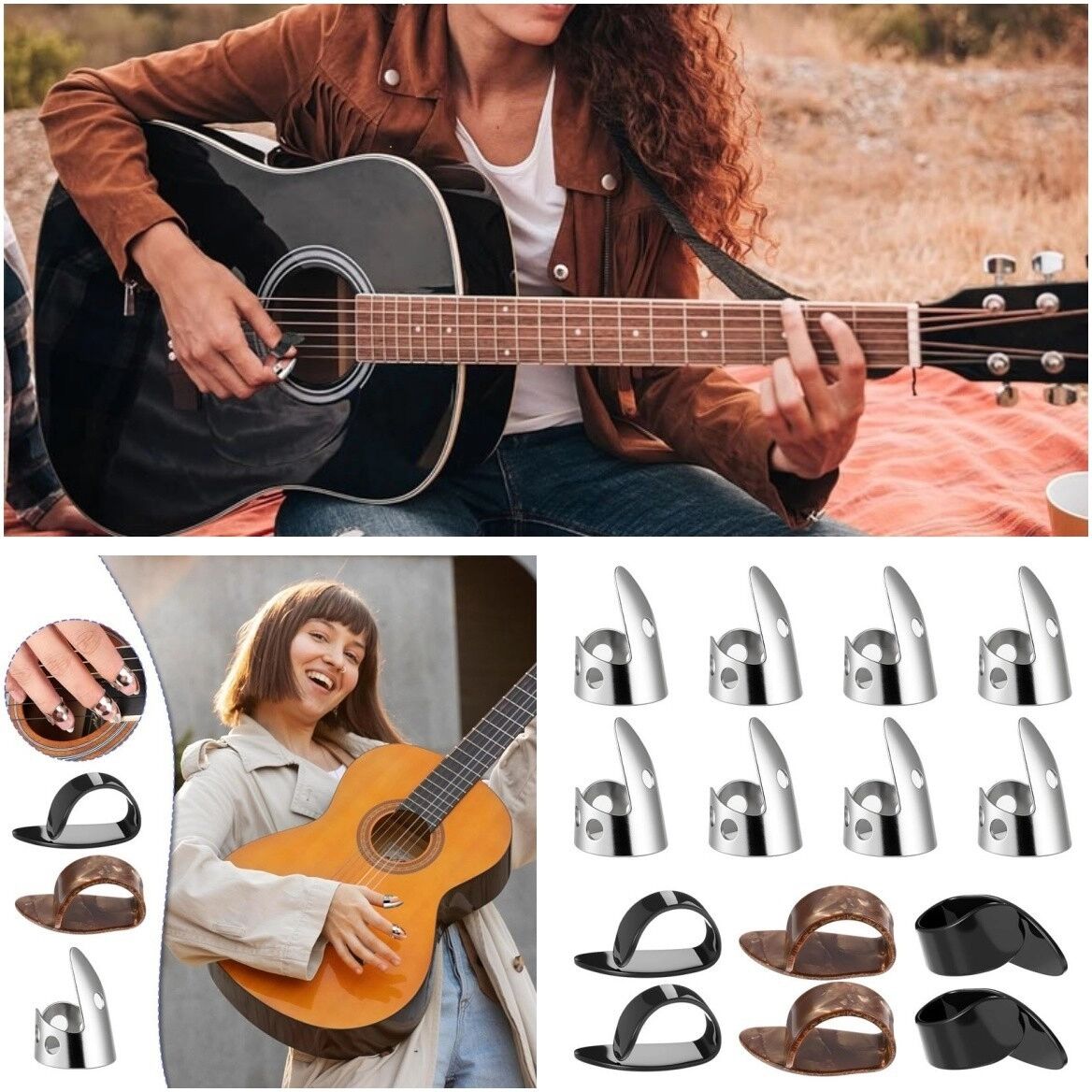 INF Gitarren-Fingerplektren-Set - 8 offene Fingerplektren mit Löchern + 6 Daumenplektren, Metall, verstellbar, gemischte Farben