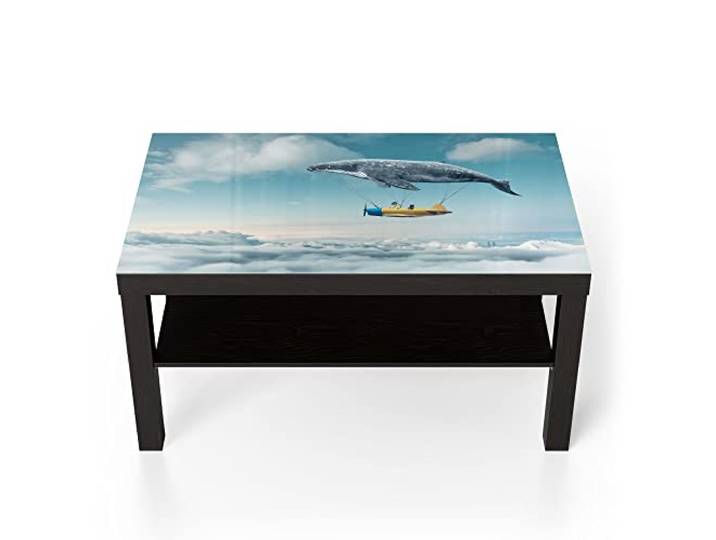 DEQORI Glastisch schwarz groß 90x50 cm Motiv Buckelwal-Zeppelin ausgefallener Beistelltisch aus Glas Hochglanz Couchtisch fürs Wohnzimmer moderner Couch Tisch mit Design