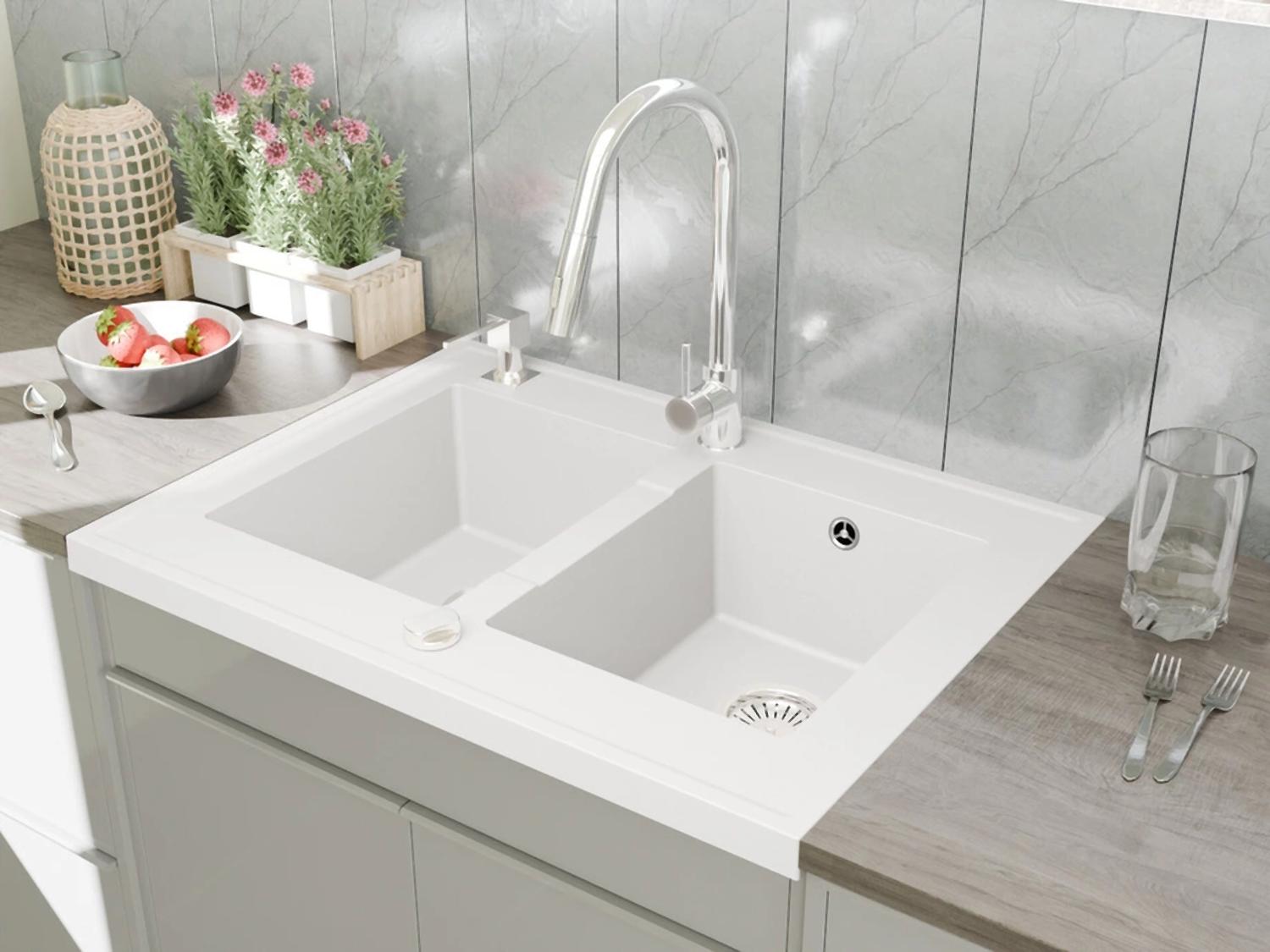 Auflagespüle Granitspüle Grande 2 Becken 80 x 60 cm Weiß