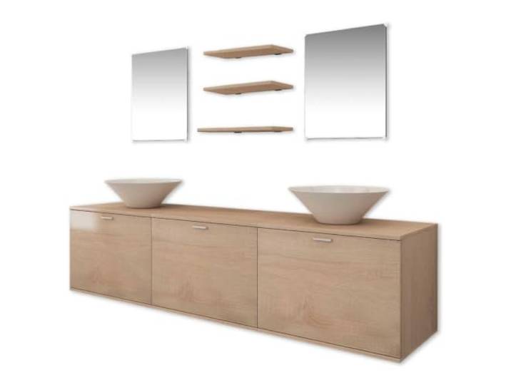 8-teiliges Waschtisch-Set zur Wandmontage, Beige, mit 2 Waschbecken aus 3 Schubladen, 3 Einlegeböden, 2 Spiegel, Spanplatten, Ablassstopfen inklusive, Montage über Theke