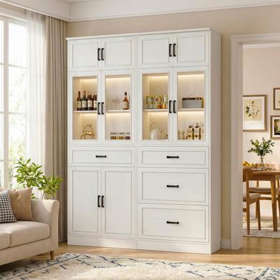 Rackcog Farmhouse Corner Display Bookcase with Glass Door and Wood Drawers, Storage Cabinet for Kicthen and Study