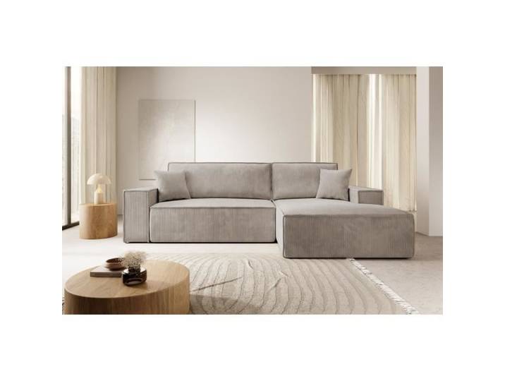 Canapé d'angle - FARESE NEW - 267 cm - en L avec coffre de rangement canapé droit en velours côtelé beige