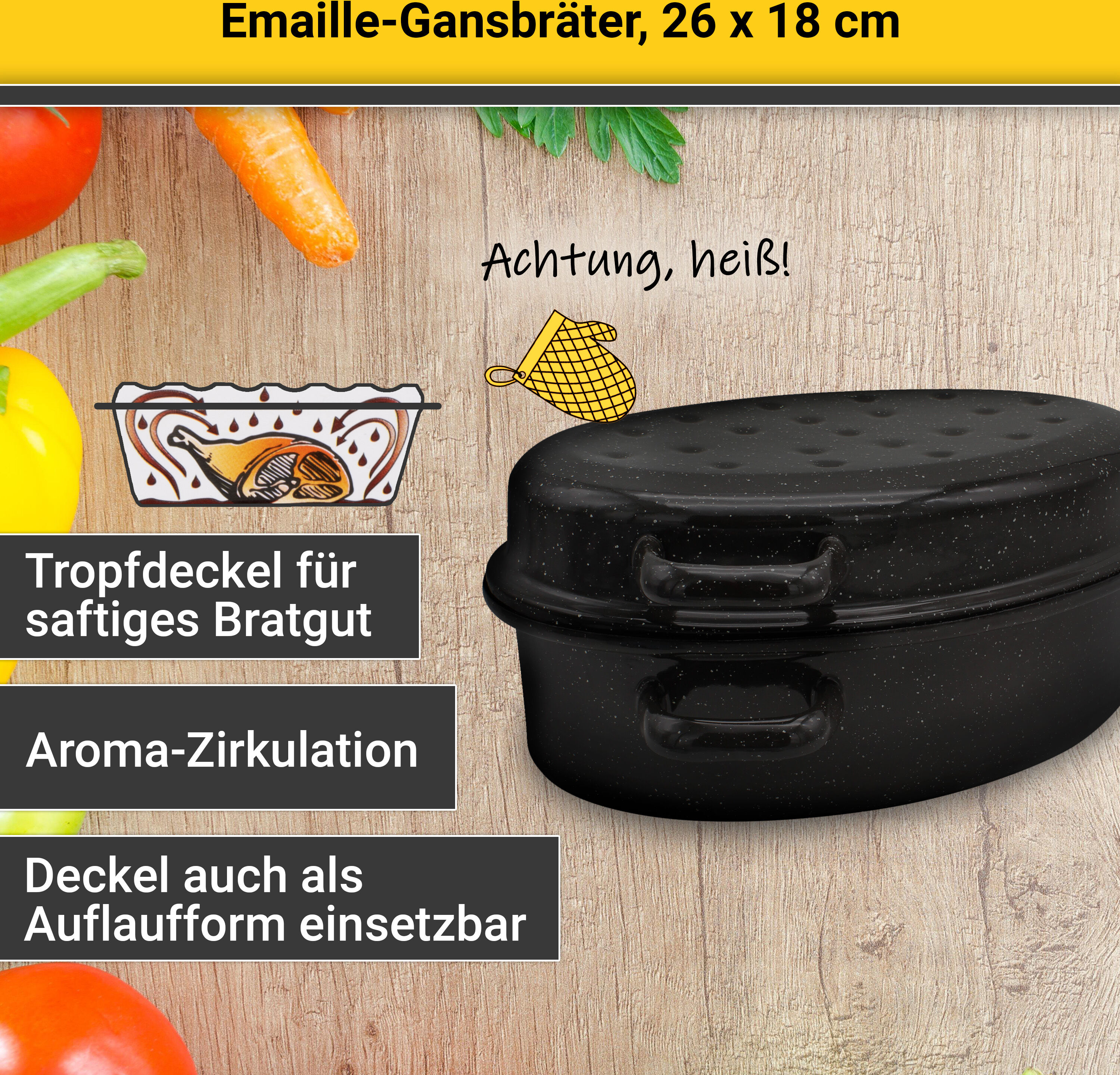 Bräter KRÜGER "Emaille Gansbräter, gesprenkelt mit Tropfdeckel, 26 x 18 x 7,5 cm", schwarz (schwarz, weiß gesprenkelt), B:18cm H:7,5cm L:26cm, Töpfe, Bräter, für Induktions-Kochfelder geeignet