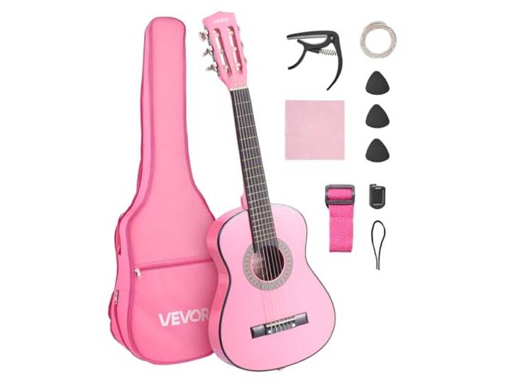 VEVOR Guitare Classique Débutants\, 78 cm\, avec Cordes en Nylon\, Housse de Transport\, Sangle\, Accordeur\, Cordes Supplémentaires\, Médiators\, Capodastre\, en Tilleul\, pour Jeunes Enfants Musiciens\, Rose