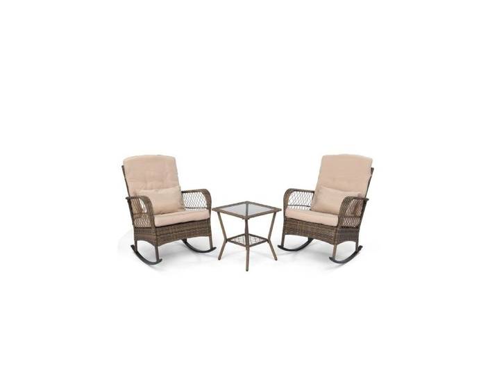 ALIGHTUP - Salon de jardin en résine tressée avec coussins - 2 chaises à bascule + table basse - Brun clair