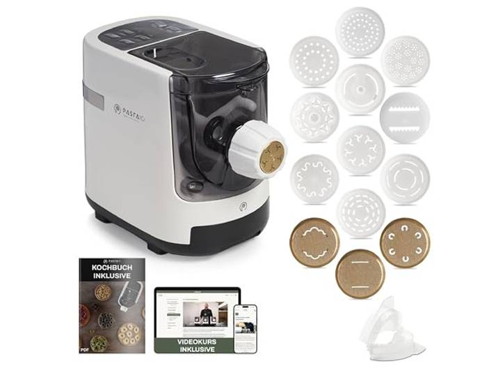 Pastaio Nudelmaschine mit 14 Aufsätzen (davon 3 aus Bronze) Nudelmaschine, integrierte Waage, schnelle Extrusion, bis zu 800 g Teig, bis zu 19 verschiedene Nudelsorten Classe Italy