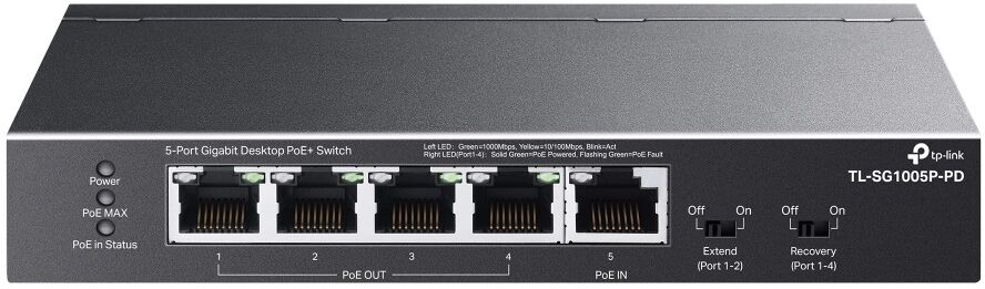 Conmutador de red de 5 puertos 4x PoE+ / 1x PoE++ (negro) - TP-LINK
