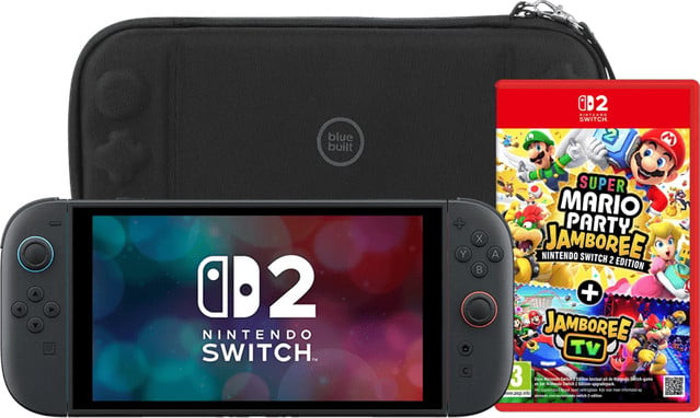 Nintendo Switch 2 (2026) met Super Mario Party Jamboree en blauwe BlueBuilt beschermhoes