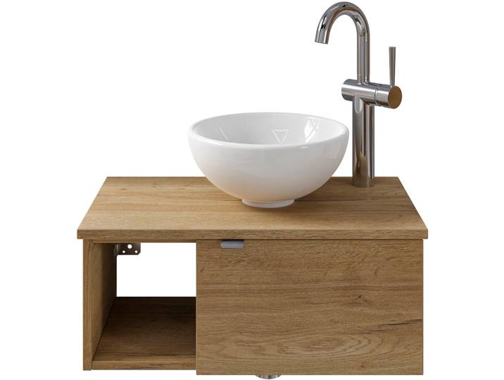 Waschtisch SAPHIR Serie 6915 Waschschale mit Unterschrank für Gästebad, Gäste WC , braun (halifax eiche, halifax eiche, halifax eiche quer nb), B:61cm H:39,8cm T:35cm, Waschtische, Waschtisch, 61 cm breit, 1 Tür, offenes Fach, kleine Bäder, ohne Armatur