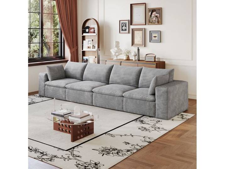 Canapé modulable compressé en tissu gris Corduroy 340 cm sans montage