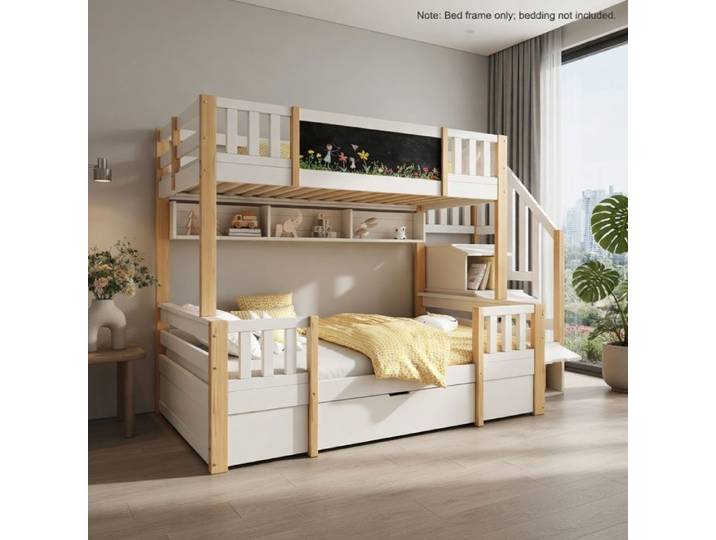 CollaHausse Lit Superposé 3 Places 90/140x200cm Ardoise Escalier Blanc & Naturel