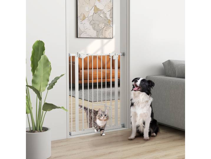 PawHut Barrière de Porte Chatière Métal Blanc 74-80 cm