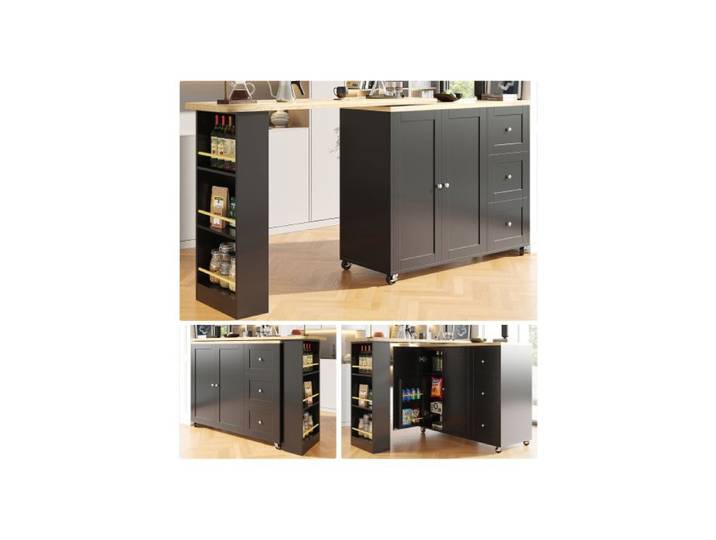 360° Rotating Dining Table (138-209 x 39 x 106 cm) with Casters Bar Table Black Featuring Three Drawers and Snack Rack