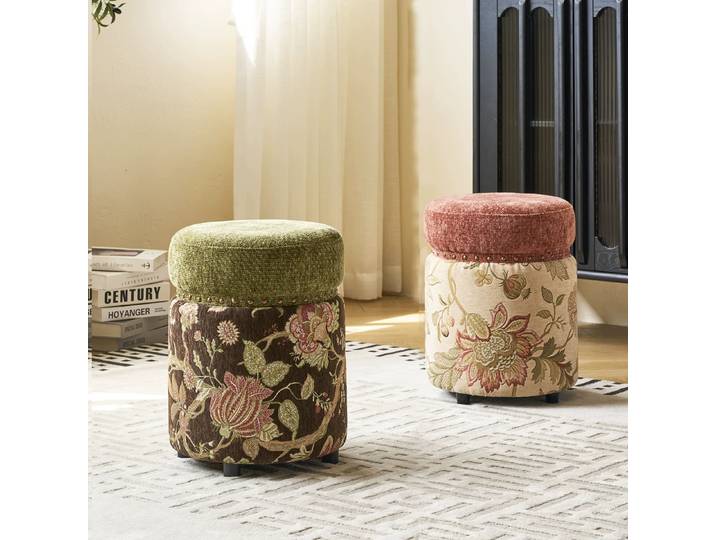 Tabouret Rond Vintage – Pouf de Luxe Léger pour Salon, Tabouret à Chaussures, Tabouret de Canapé Bas et Siège de Coiffeuse pour la Maison