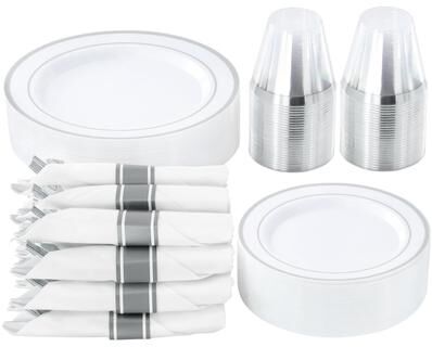 Elama 350 Piece Disposable Plastic Dinnerware Party Set for 50 Guests in White with Silver Trim