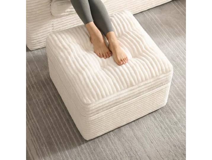 Fabulcozy Hocker Pouf 60 cm aus Cordstoff – Bequemer Fußhocker mit doppelter Schaumstoffschicht, großer weicher Sitzpouf mit Stabiler Basis, Fußhocker für Wohnzimmer (Hellbeige)