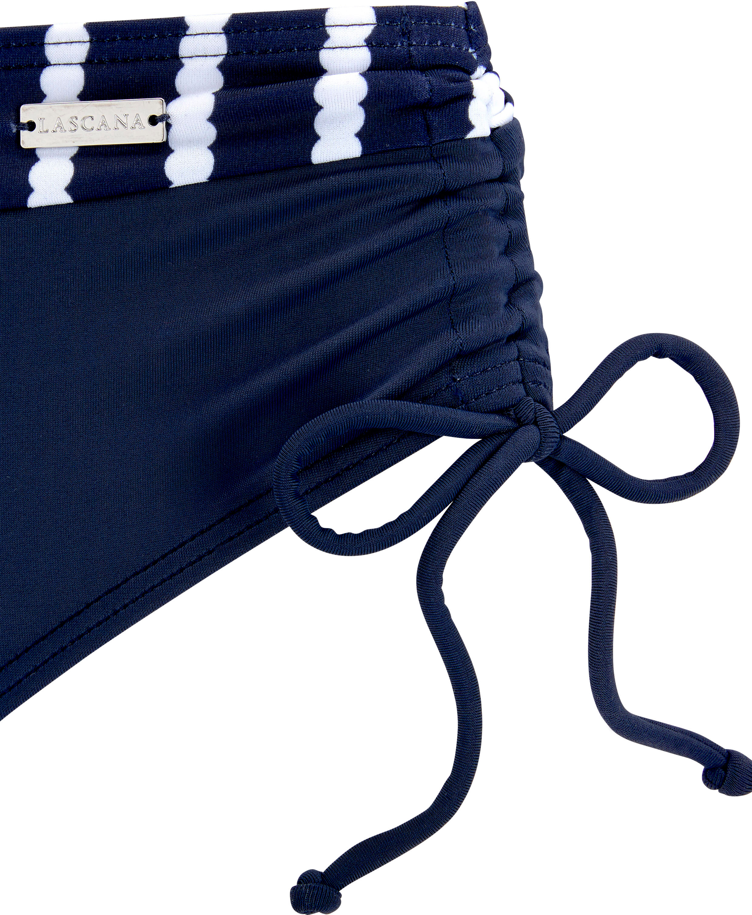 Bügel-Bikini LASCANA, Damen, Gr. 36, Cup E, blau (marine, weiß), Polyamid, gestreift, kontrastfarbene Details, Bikini-Sets Bügel-Bikini, mit höherer geschnittener Bikini-Hose marine, weiß 36, Cup E