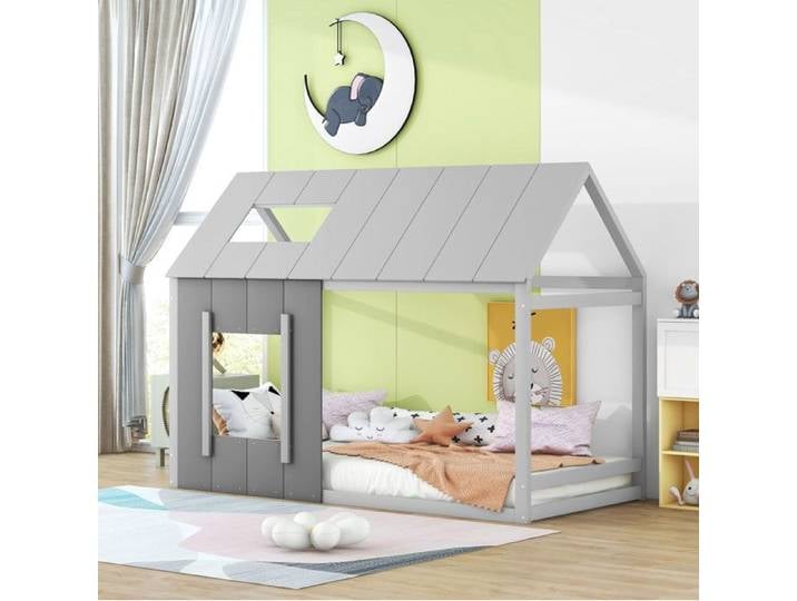 Lit enfant cabane 90 x 200 cm QAVRYL avec toit et fenêtre pin et MDF gris