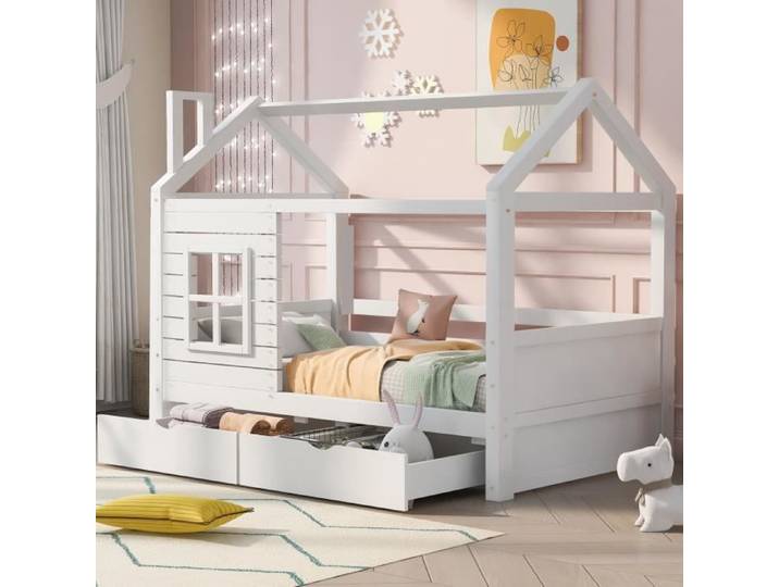 Lit cabane enfant 90x200cm - Certifié EN747 - Blanc - Avec tiroirs - Protection antichute