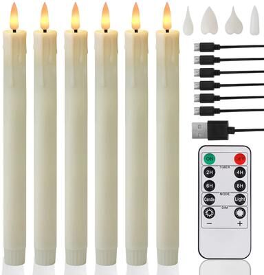 Inspired Living Rechargeable Flameless LED Taper Candles With Remote Control And USB Charging 6pcs Ivory
