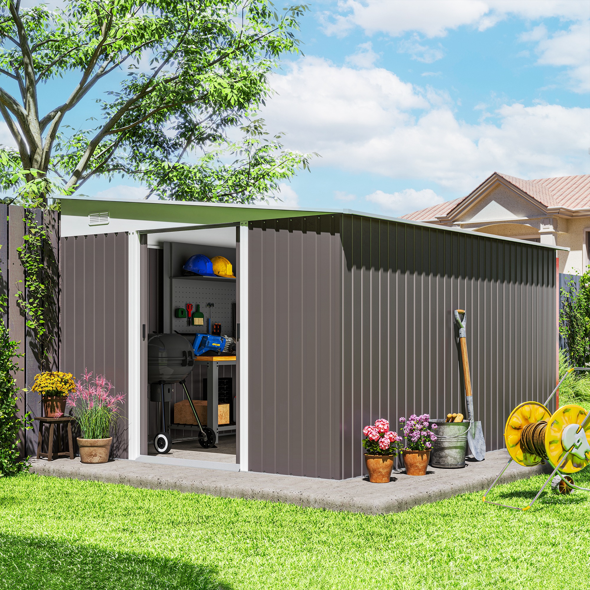 Outsunny Casetta da Giardino con Doppia Porta Scorrevole, Capanno Porta Attrezzi in Acciaio, 345x280.5x169-201cm, Grigio   Aosom Italy