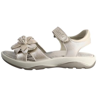 Sandale LURCHI "Flora", Mädchen, Gr. 29, platin, Lederimitat, glänzend, festlich, Schuhe Sandale, Sandalette mit Blumenverzierung, Größenschablone zum Download