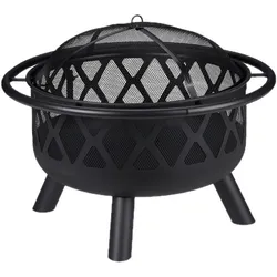 Relaxdays Feuerschale mit Grillrost, Funkenschutz & Schürhaken, Ø 75 cm, Stahl, Feuerstelle Garten & Terrasse, schwarz