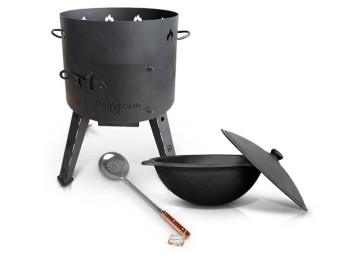 Utschak Feuerofen mit Gusseisen Topf runder Boden mit Deckel (16 L) KazanoFF, Uchag Feuerofen Gusseisen Kazan Kasan Outdoor, Feuerschale, Camping, Schaumlöffel für Plov, 48 cm (Set 16-6)