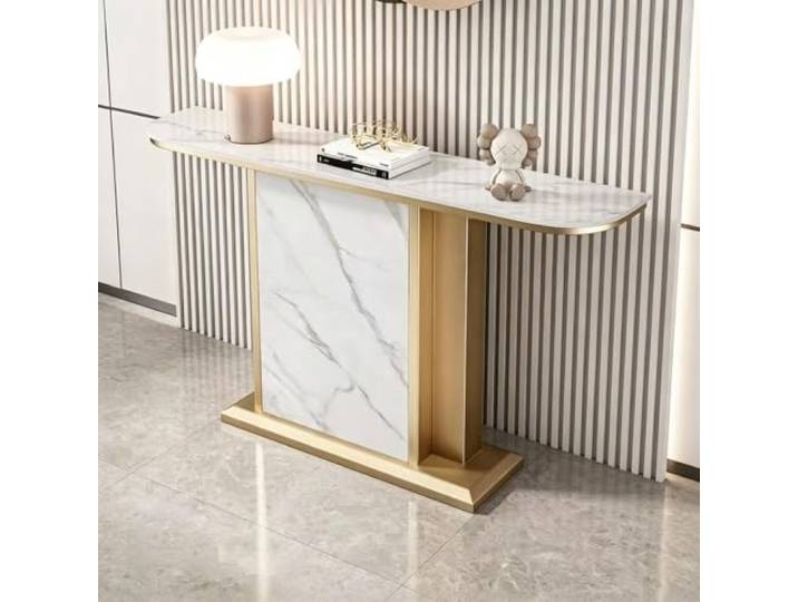 Moderner Konsolentisch, Sintersteinplatte, Metallgestell,schmaler Flurtisch Sintersteinplatte, Kratzfest, Metallgestell, Platzsparend, Flur, Wohnzimmer(Gold-white,120cm(47 ))