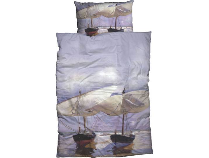 Bettwäsche GOEBEL Sorolla Beach Boats , blau (graublau), B/L: 135cm x 200cm, 1 Stk., 1 Stk., Satin, B/L: 80cm x 80cm, 2 Stk., Satin, Obermaterial: 100% Baumwolle, Bettwäsche, Bettwäsche, Design eines des bedeutendsten spanischen Künstlers Joaquin Sorolla