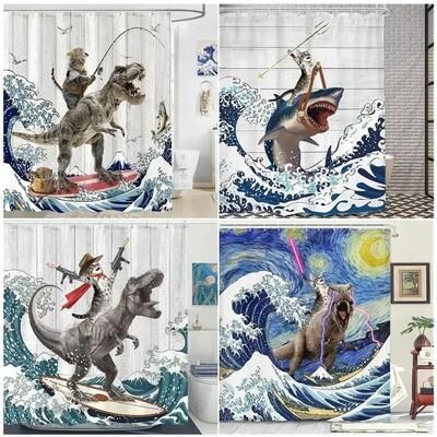 Uplift Essentials "Creative Kids ""Cat Riding Dinosaur"" Shower Curtain style 3 71 In X 71 In"