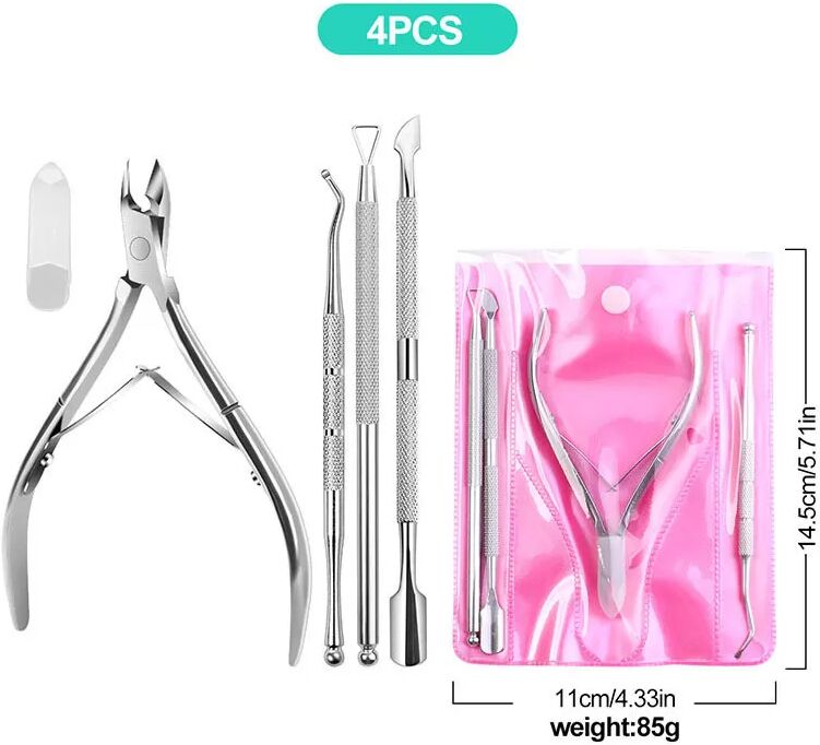 INF Set de manucure (4 pièces) - Coupe-ongles, repousse-cuticules, dissolvant et cure-ongles Argent