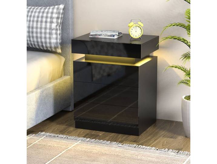 DHHOZAMZ Table de chevet Haute Brillance avec LED Lumières - Table de Nuit Meuble de chambre 3 Tiroirs - Noir - 45x35x52