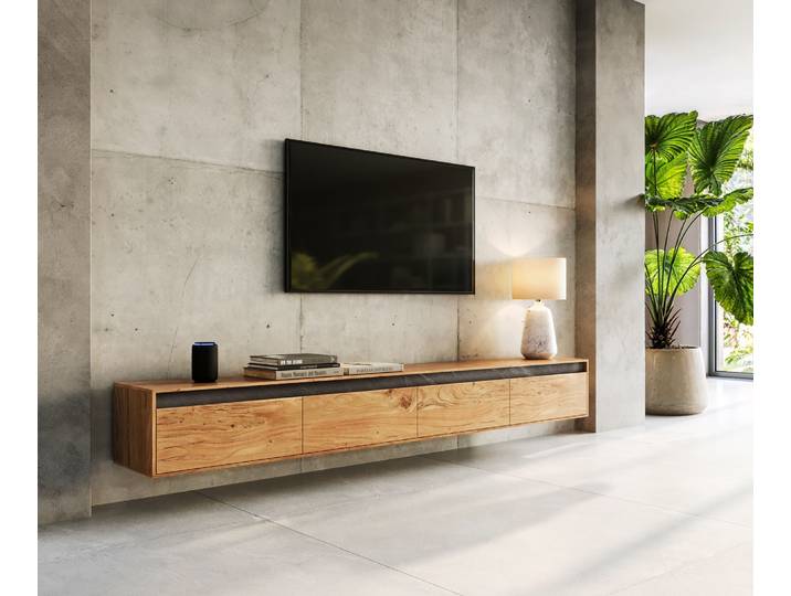 Meuble TV Stonegrace 240 cm acacia nature 4 portes flottantes