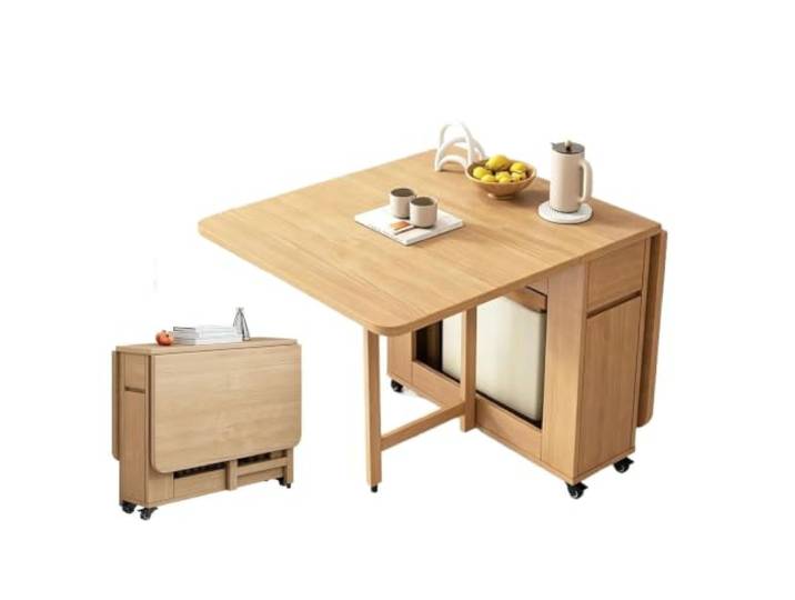 Set aus Tisch und Stühlen mit Stauraum und klappbaren 4 Stühlen 1,4 m Zusammenklappbarer Esstisch, umwandelbar in Konsole, platzsparendes Möbelstück, geeignet for Restaurants und Küchen