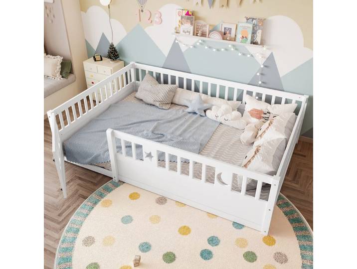 Lit Enfant - MERAX - 140x190 cm - Barrière de Sécurité - Bois Blanc - Design Contemporain