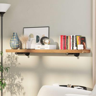 "Wallniture 48""x 9.25"" Industrial Pipe Shelf, Wood Shelf for Wall, Wall Mount Bookshelf, Shelves for Living Room, Finish Options"