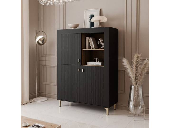 Buffet haut AVENA - avec 3 portes et 2 étagères - sur pieds - 97x40x136 cm - Noir/chêne