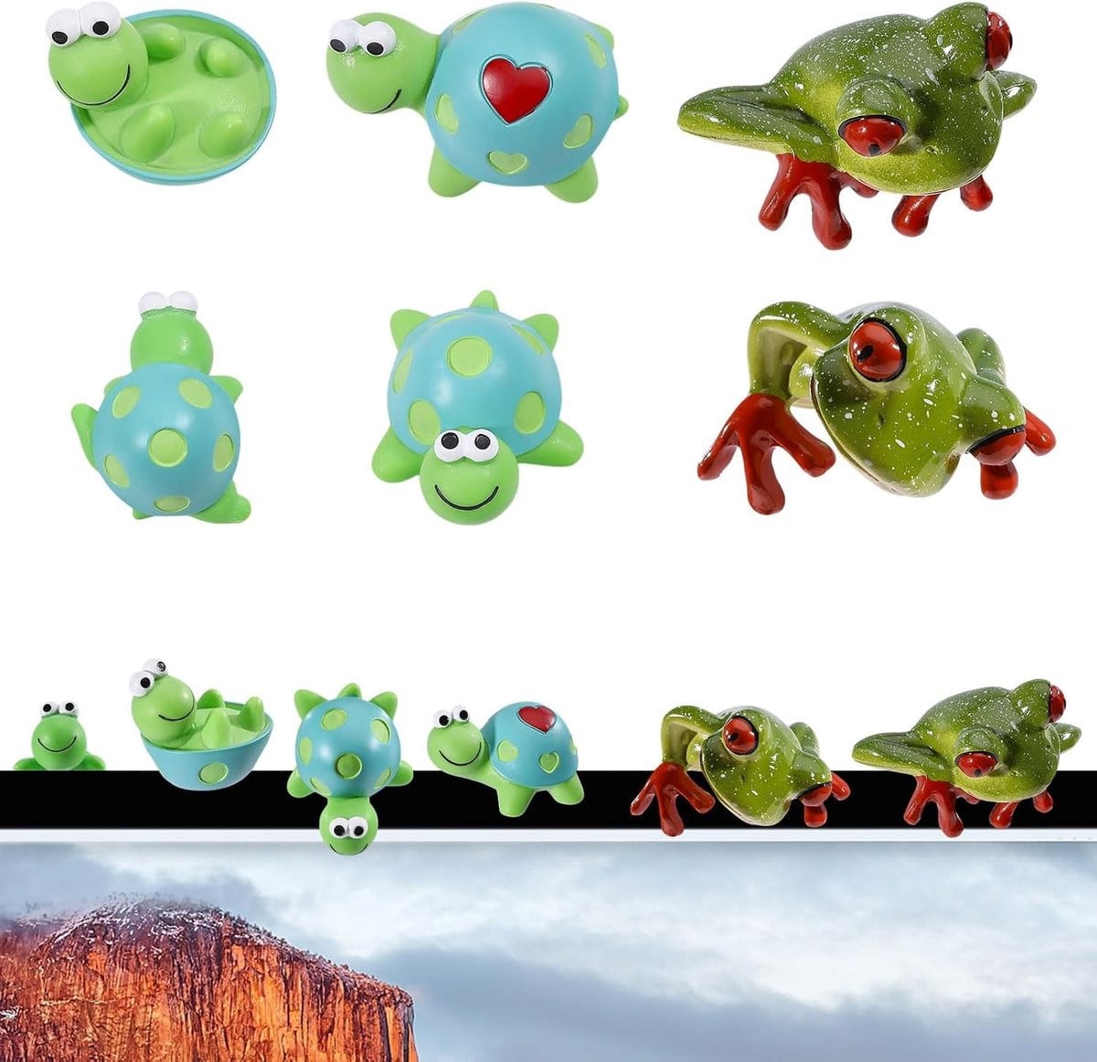 Set van 6 schattige dierenfiguren met kikker en schildpad voor decoratie van bureau, auto of thuiskantoor