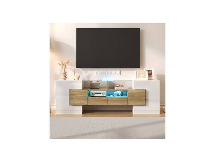 Lemonbest Meuble TV blanc 145 cm Meuble tv LED avec Rangement Surface en verre élégante design moderne Blanc + couleur bois