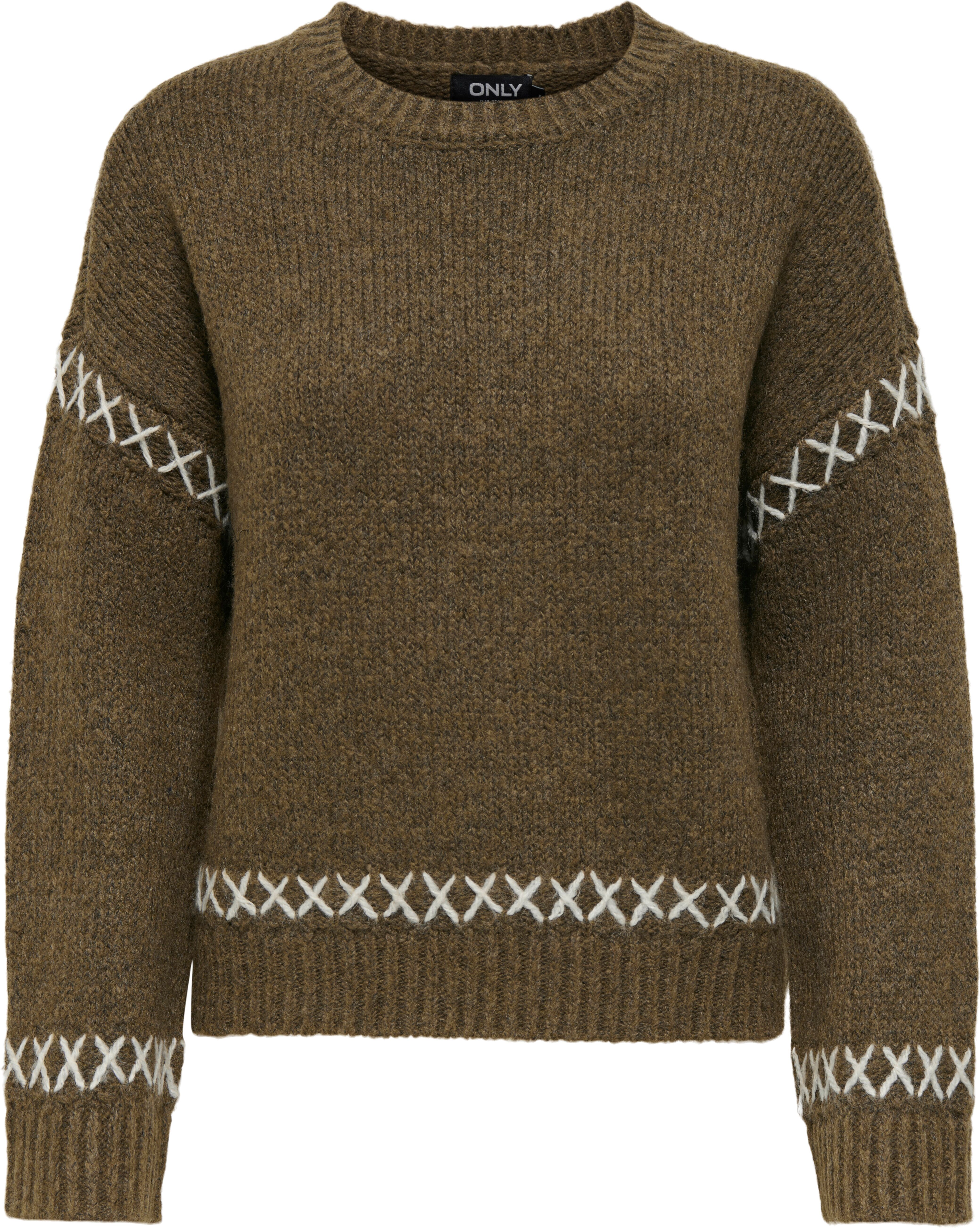 Rundhalspullover ONLY "ONLAMANDA LIFE LS O-NECK DETAIL CC KNT", Damen, Gr. S, grün (cub detail:cloud dancer), Strick, Obermaterial: 77% Polyester, 23% Polyacryl, unifarben, regular fit hüftlang, Rundhals, Rippbündchen, Pullover Rundhalspullover cub detail