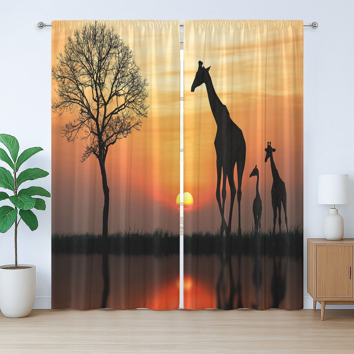 ABAKUHAUS Afrikaans rustiek gordijn met giraffe in wild bos, oranje zwart, 280 x 225 cm